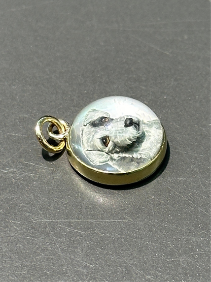 古董 14K 金反向彩绘埃塞克斯水晶梗犬吊坠