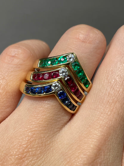 Vintage 14K Gold Emerald Ruby Sapphire Diamond Stacking Ring SZ 8
