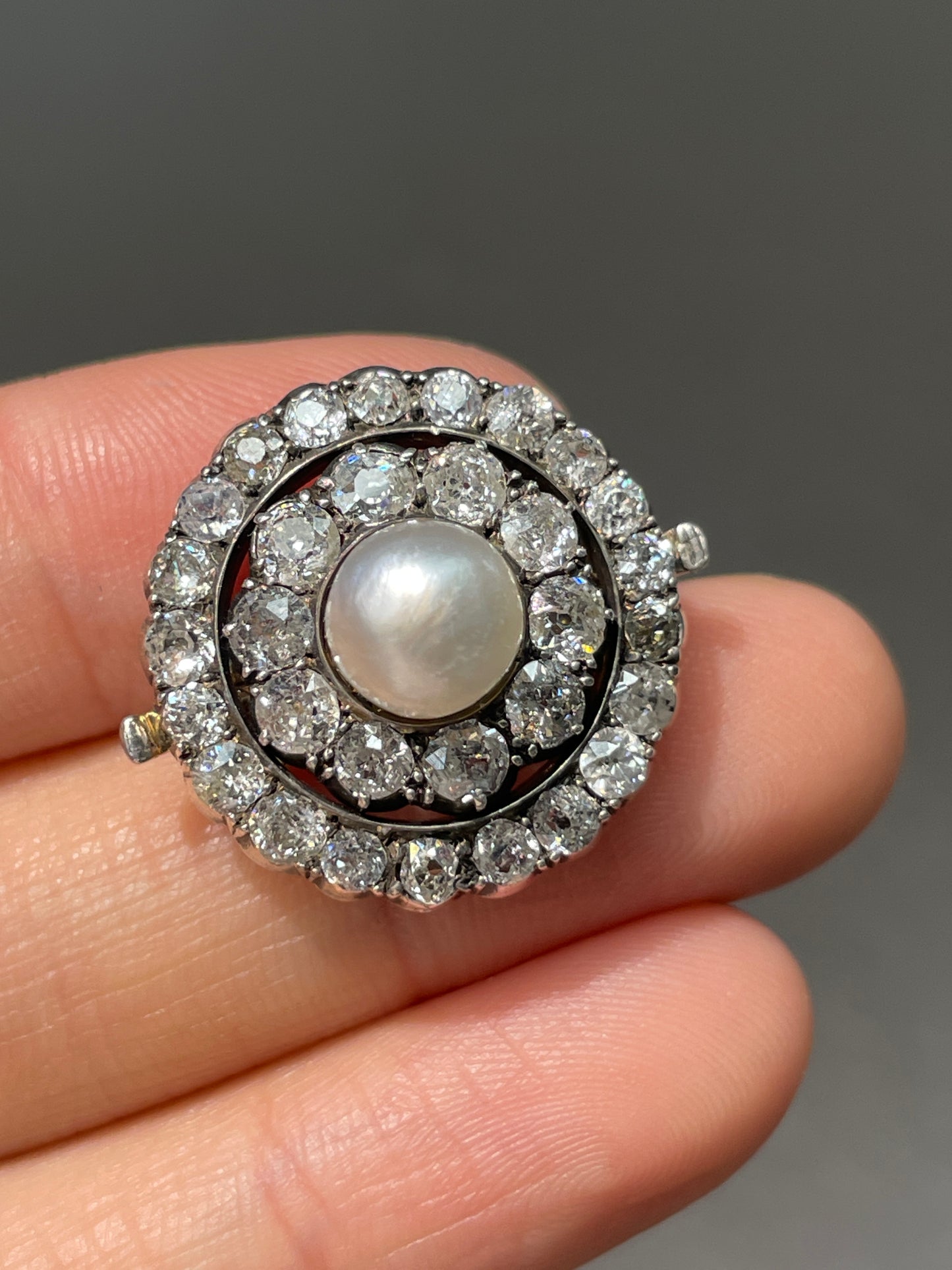 Edwardian Silver Topped 14K Gold Natural Saltwater Pearl Diamond Halo Brooch