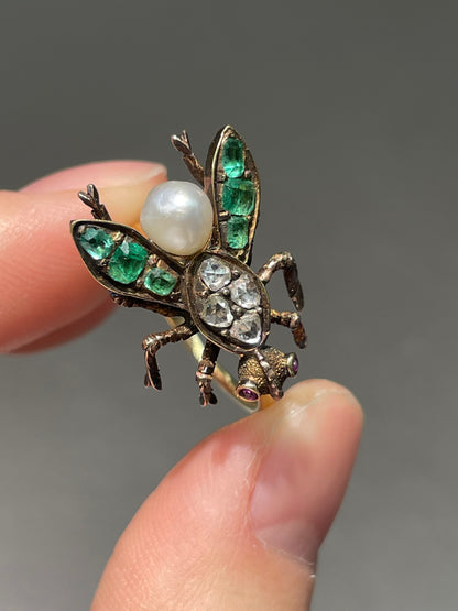 Antique 14K Yellow Gold Emerald Ruby Diamond Bug Ring