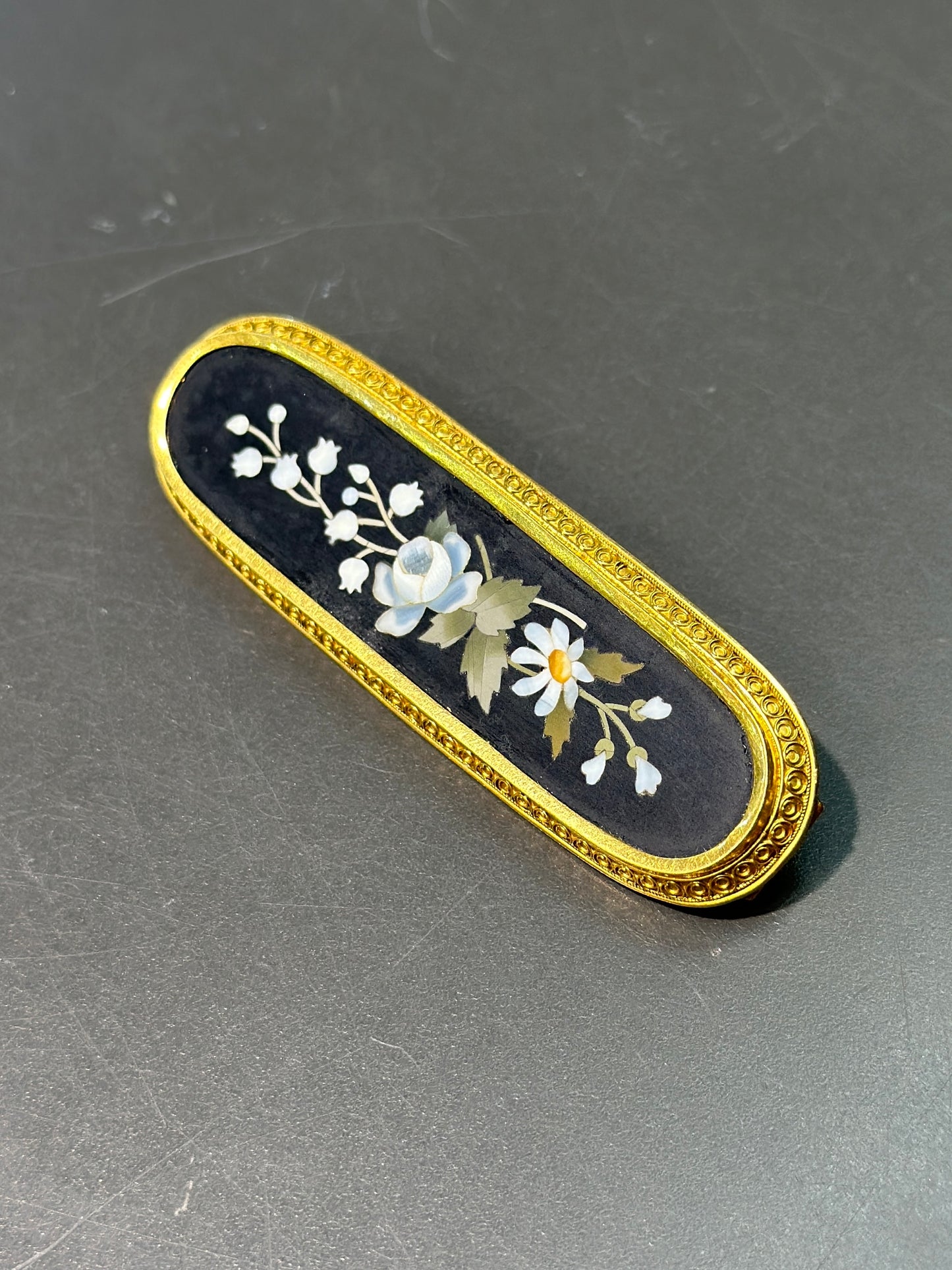 Victorian Etruscan 18K Gold Pietra Dura Brooch