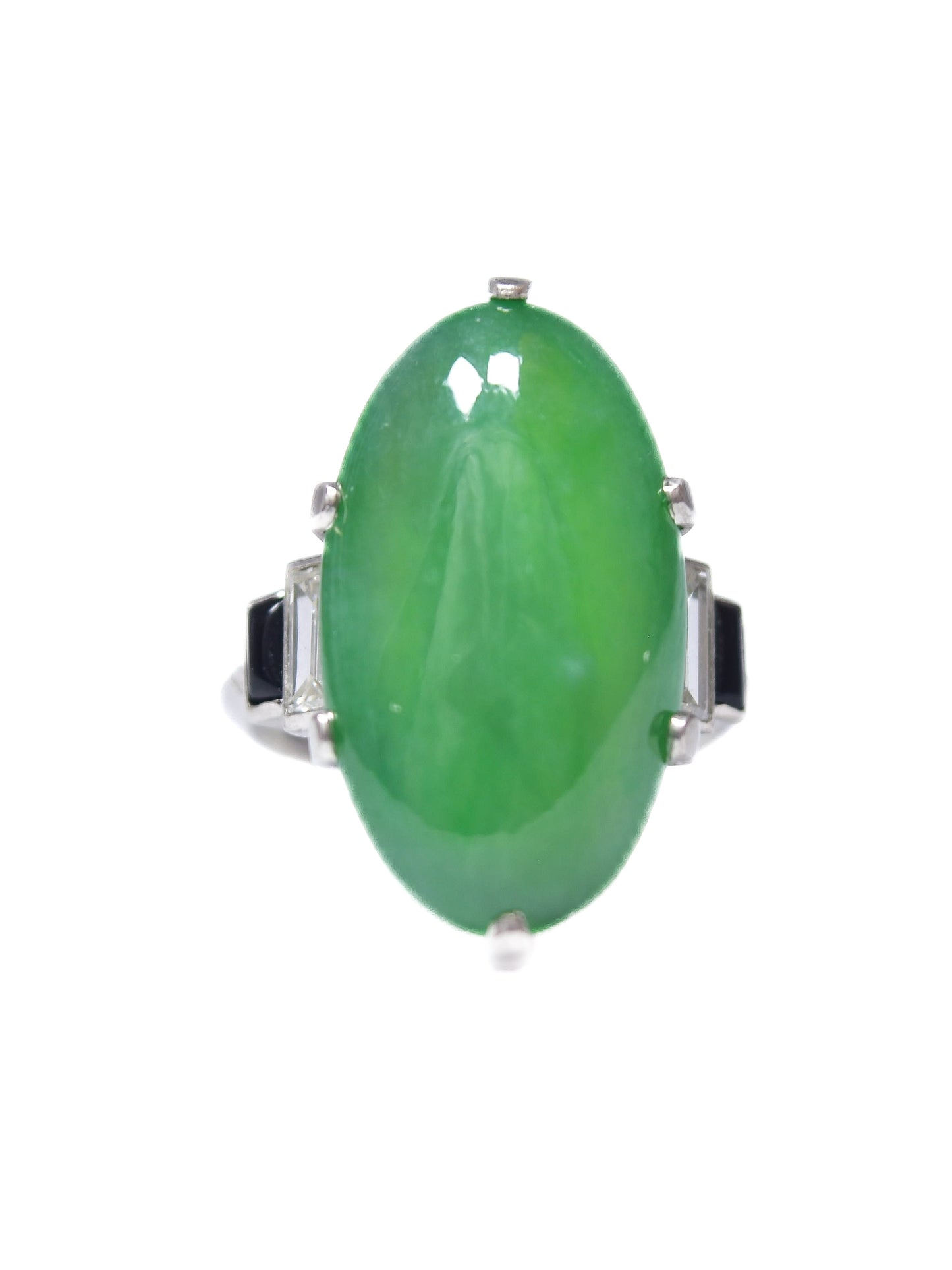 Antique Art Deco Platinum Jade Cabochon Diamond Onyx Ring GIA