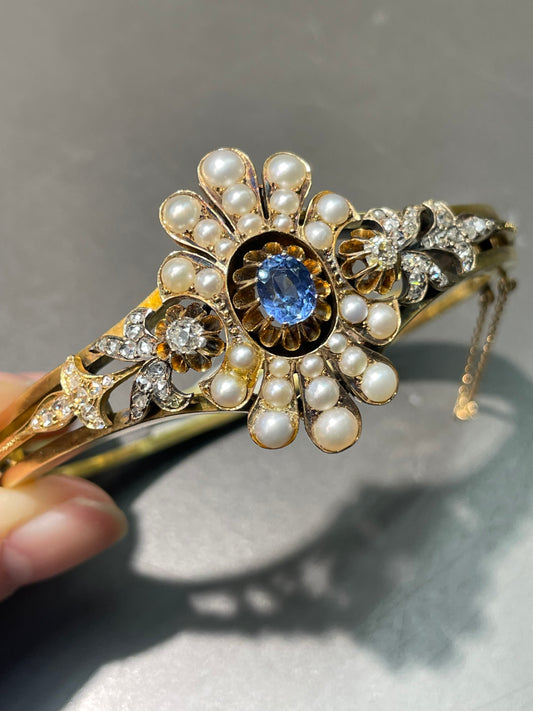 Bracelet antique en or 14 carats avec diamants saphir et perles naturelles antiques