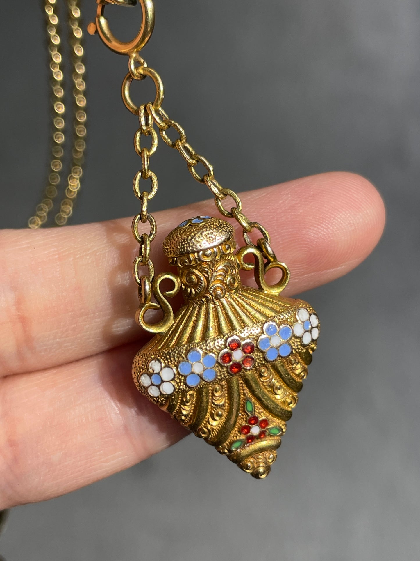 Antique 18K Gold Enamel Forget Me Not Perfume Bottle Pendant