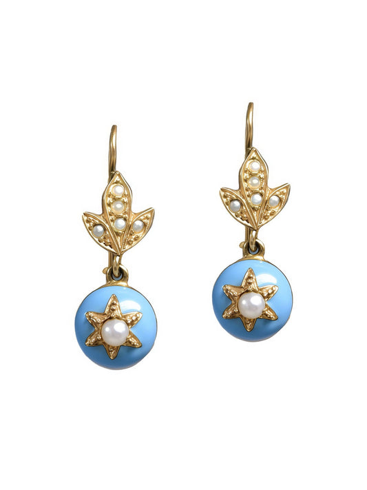 Antique 14K Gold Enamel Turquoise Pearl Starburst Earring