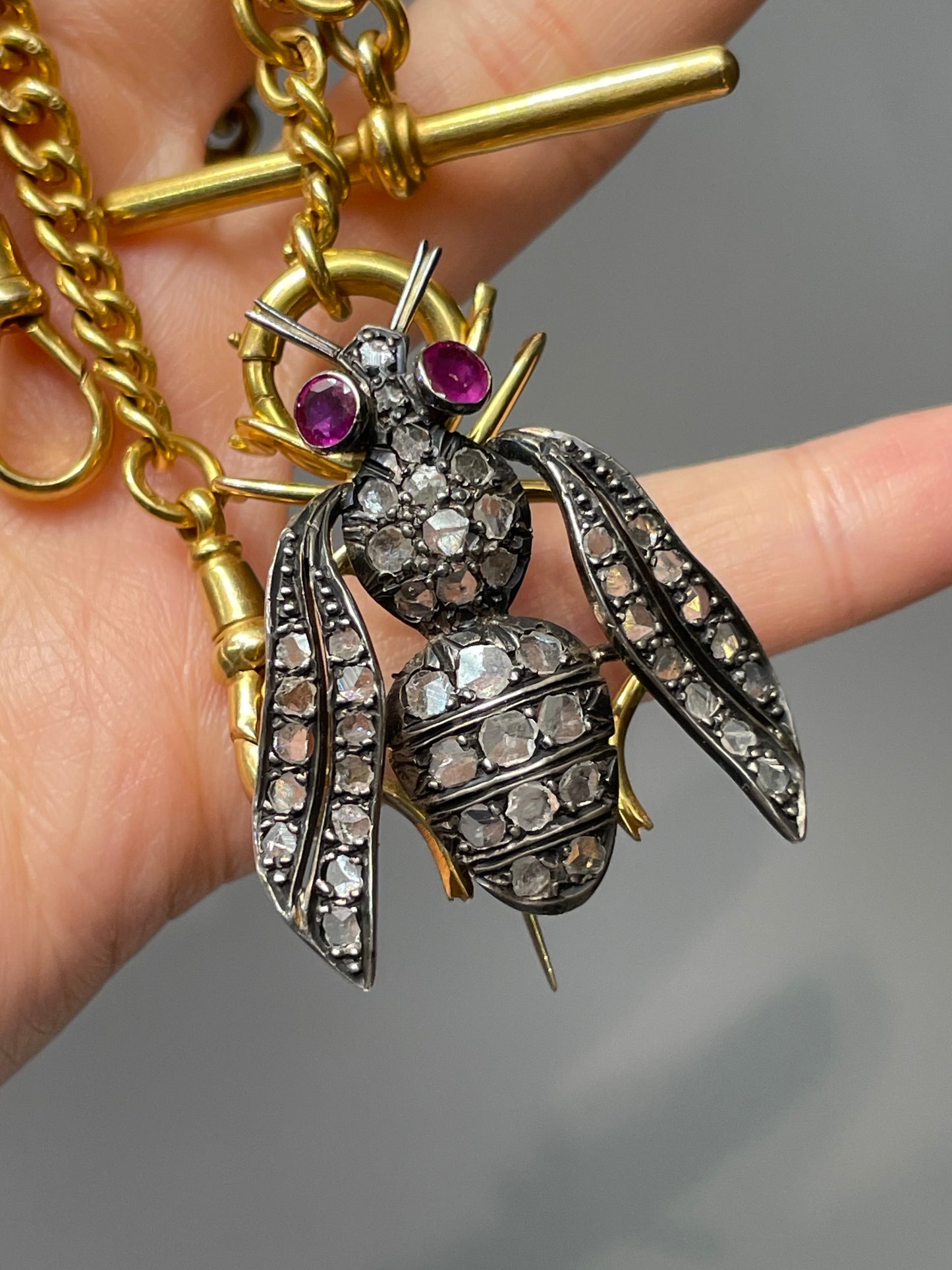 Vintage 14K Gold Topped Silver 2.75 CTW Diamond Ruby Bee Brooch