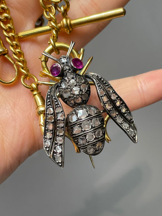 Vintage 14K Gold Topped Silver 2.75 CTW Diamond Ruby Bee Brooch