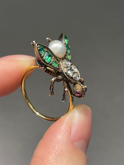 Antique 14K Yellow Gold Emerald Ruby Diamond Bug Ring