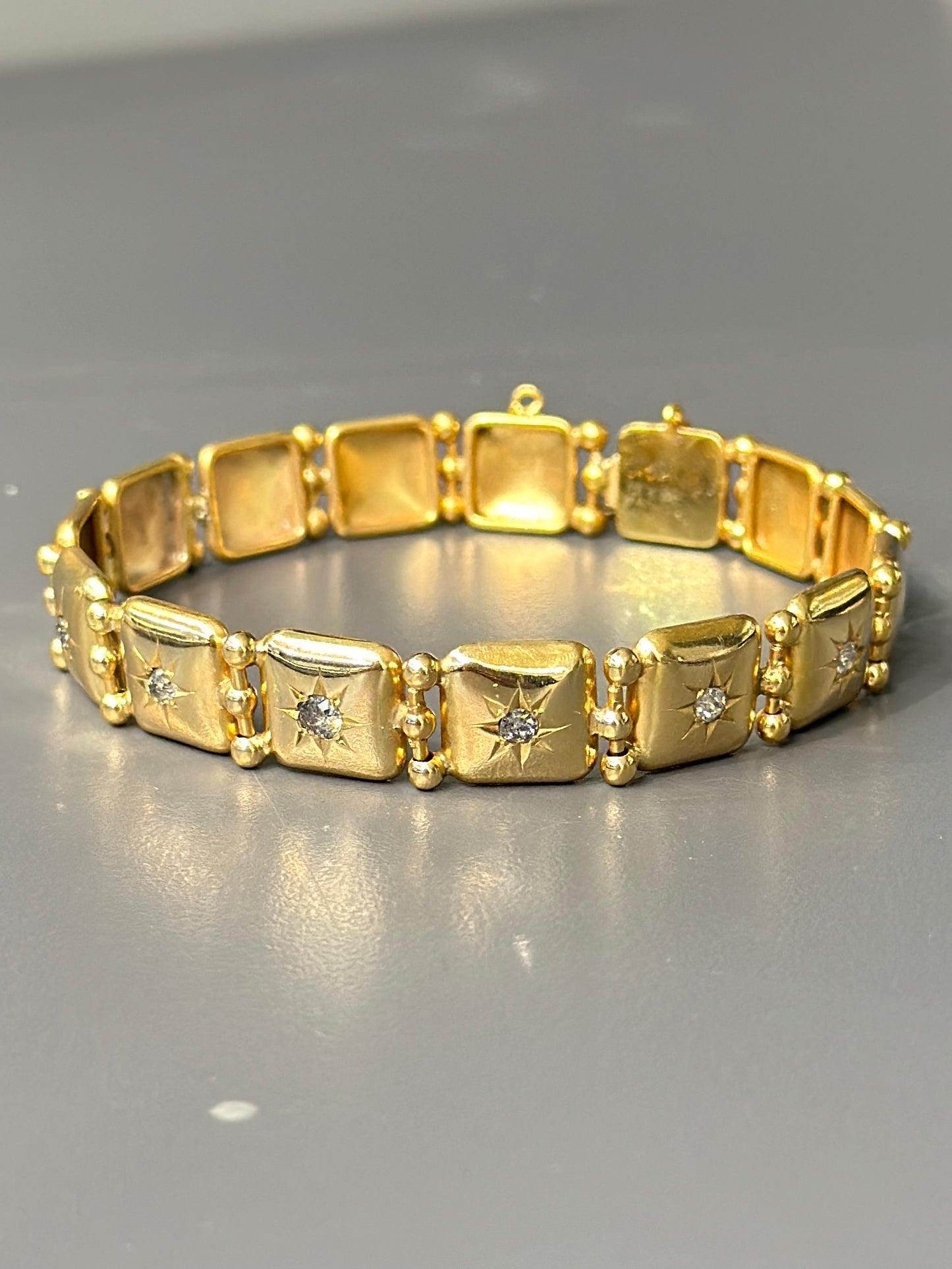 [ON RESERVE] Victorian 14K Gold Diamond Starburst Square Button Link Bracelet