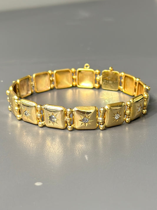 [SUR RÉSERVE] Bracelet à maillons carrés en forme d'étoile et de diamants en or 14 carats victorien