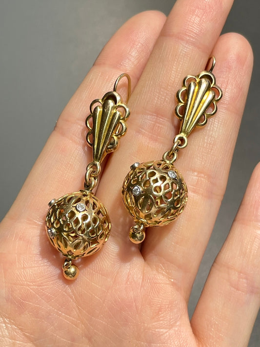 Retro 18K Gold Diamond Orb Drop Earring