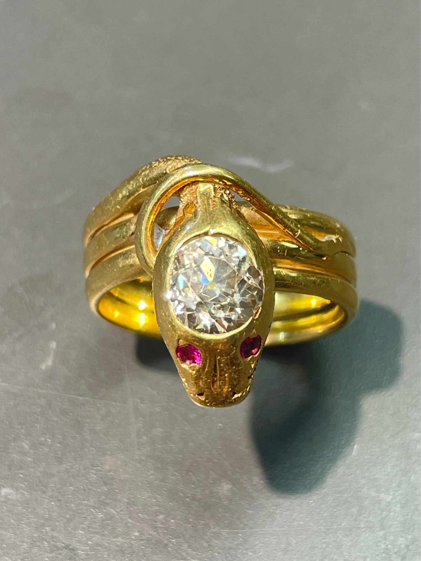 古董 14K 金 1.4 CTW 钻石红宝石蛇形戒指