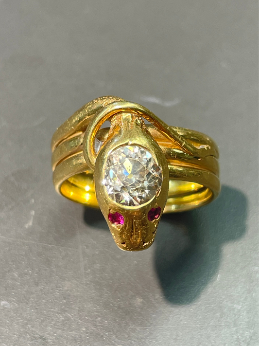 古董 14K 金 1.4 CTW 钻石红宝石蛇形戒指