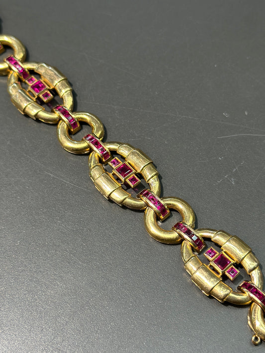 Bracelet structurel rétro en or jaune 18 carats avec rubis