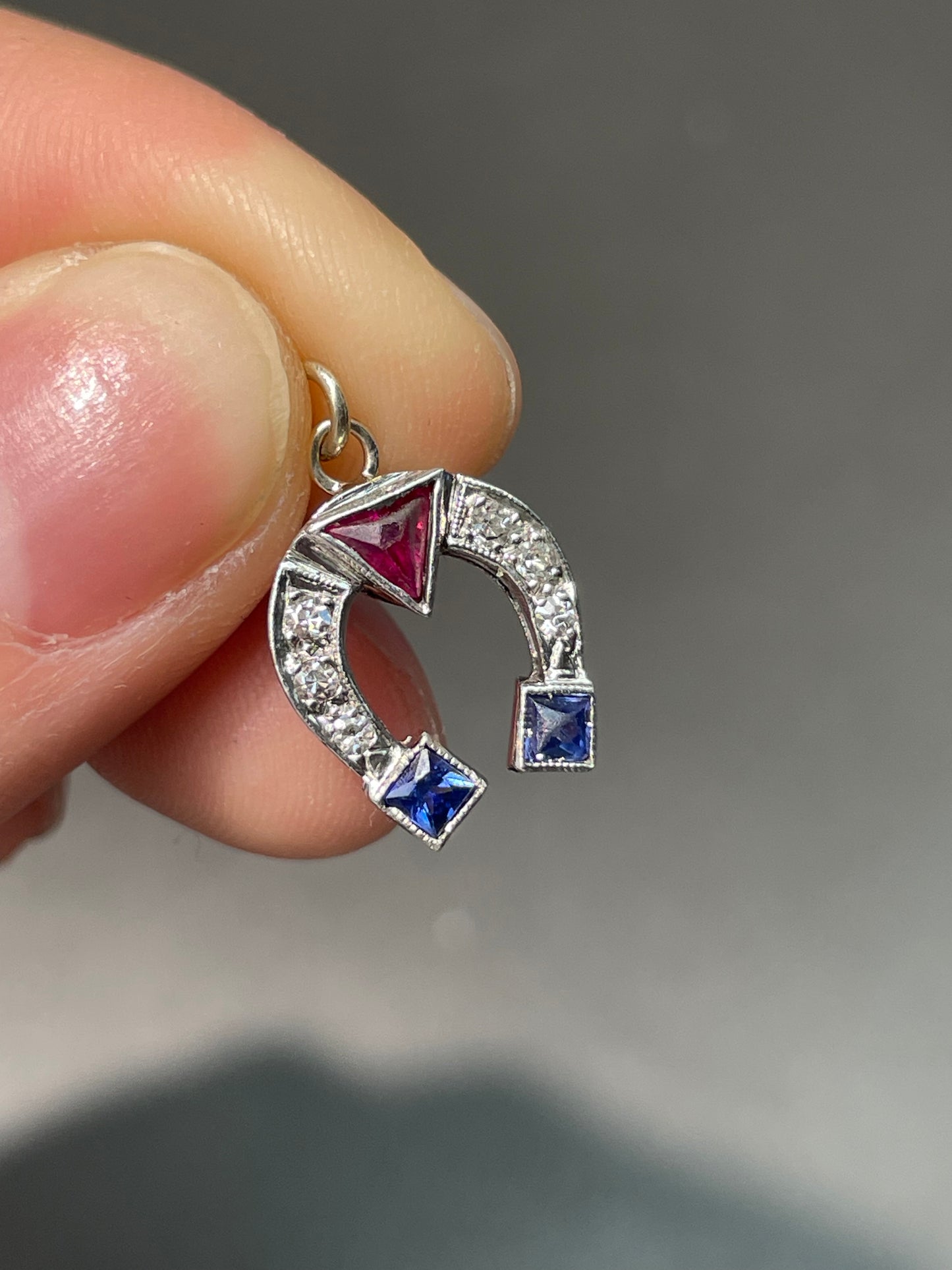 Art Deco Platinum Ruby Sapphire Diamond Horseshoe Charm