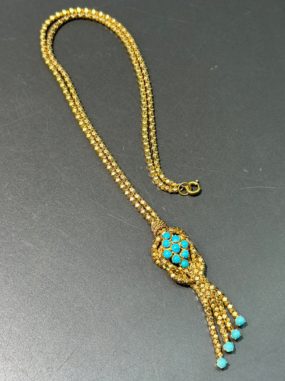 Retro 18K Yellow Gold Turquoise Popcorn Chain Tassel Necklace