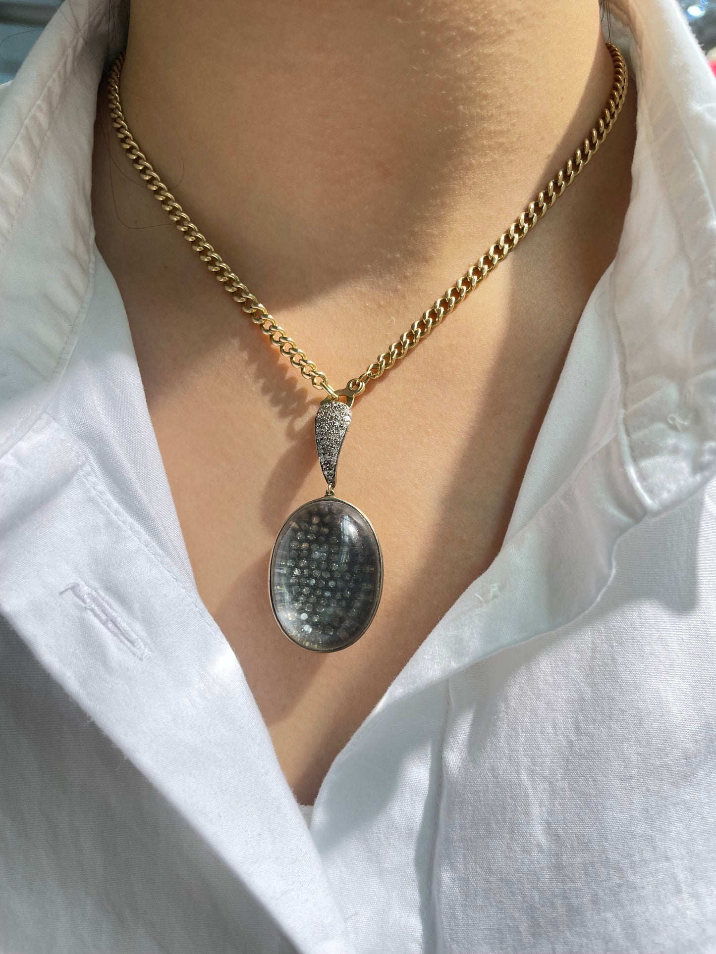 Vintage 14K Gold Silver 3.0ctw Diamond Rock Crystal Orb Pendant