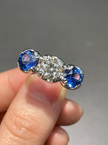 Platinum 1.41 CTW Diamond Ceylon Sapphire Three Stone Ring