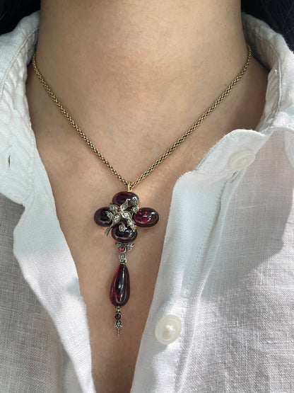Antique Victorian 14K Gold Silver Diamond Garnet Pendant Brooch