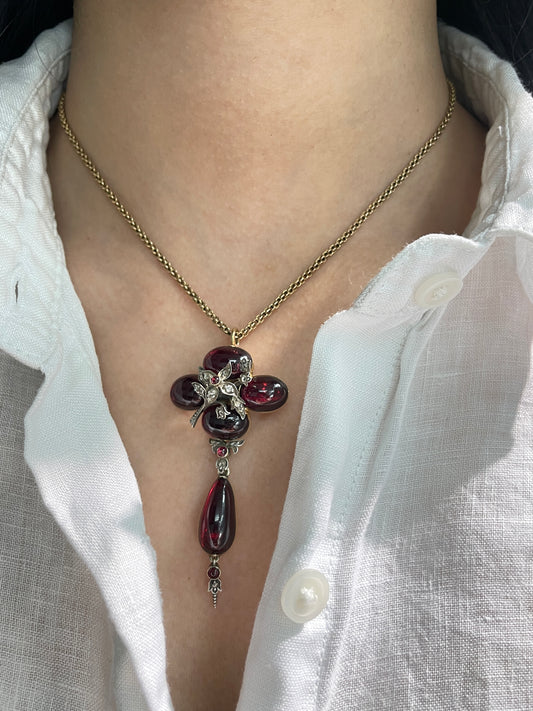 Antique Victorian 14K Gold Silver Diamond Garnet Pendant Brooch