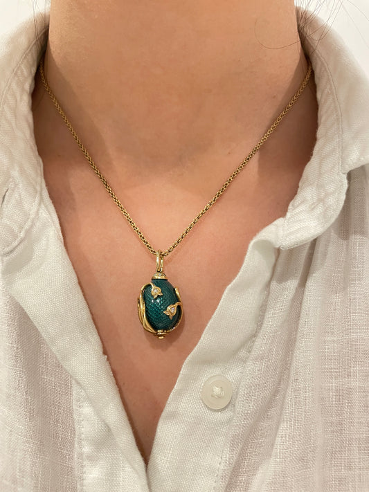 Vintage 18K Gold Diamond Lily of the Valley Guilloche Enamel Egg Pendant