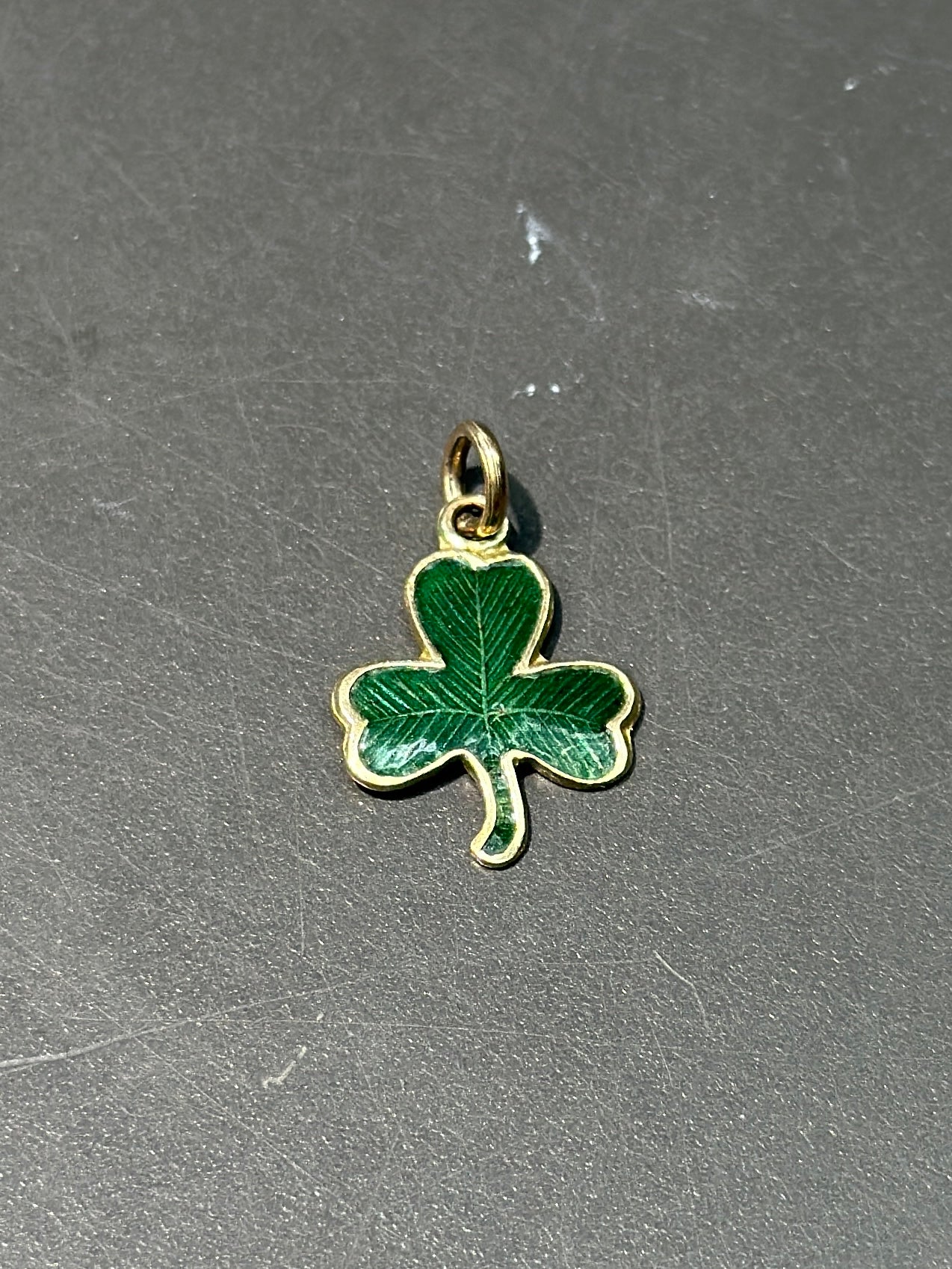 Vintage 14K Gold Green Enamel Three Clover Charm