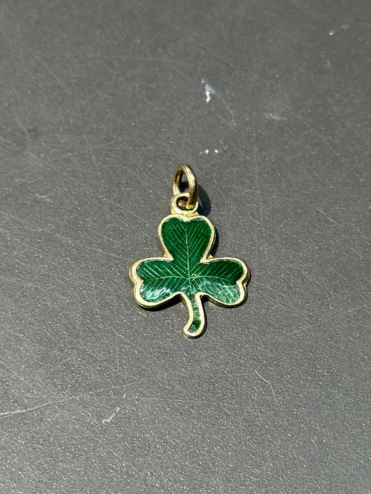 Vintage 14K Gold Green Enamel Three Clover Charm