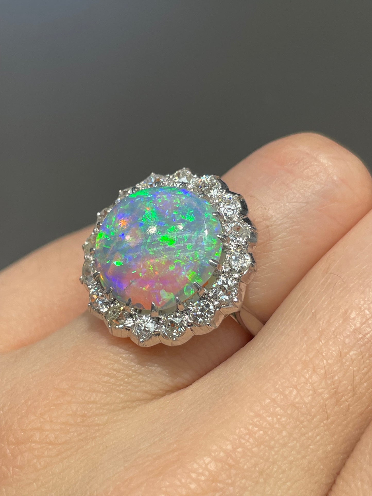 Antique Platinum Opal 1.28ct Diamond Halo Ring