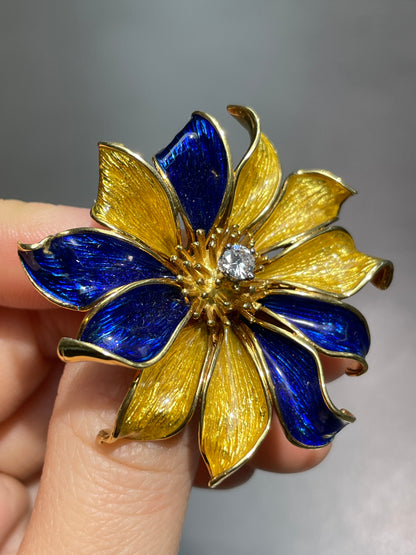 Tiffany & Co. 18K Gold Enamel Diamond Flower Brooch