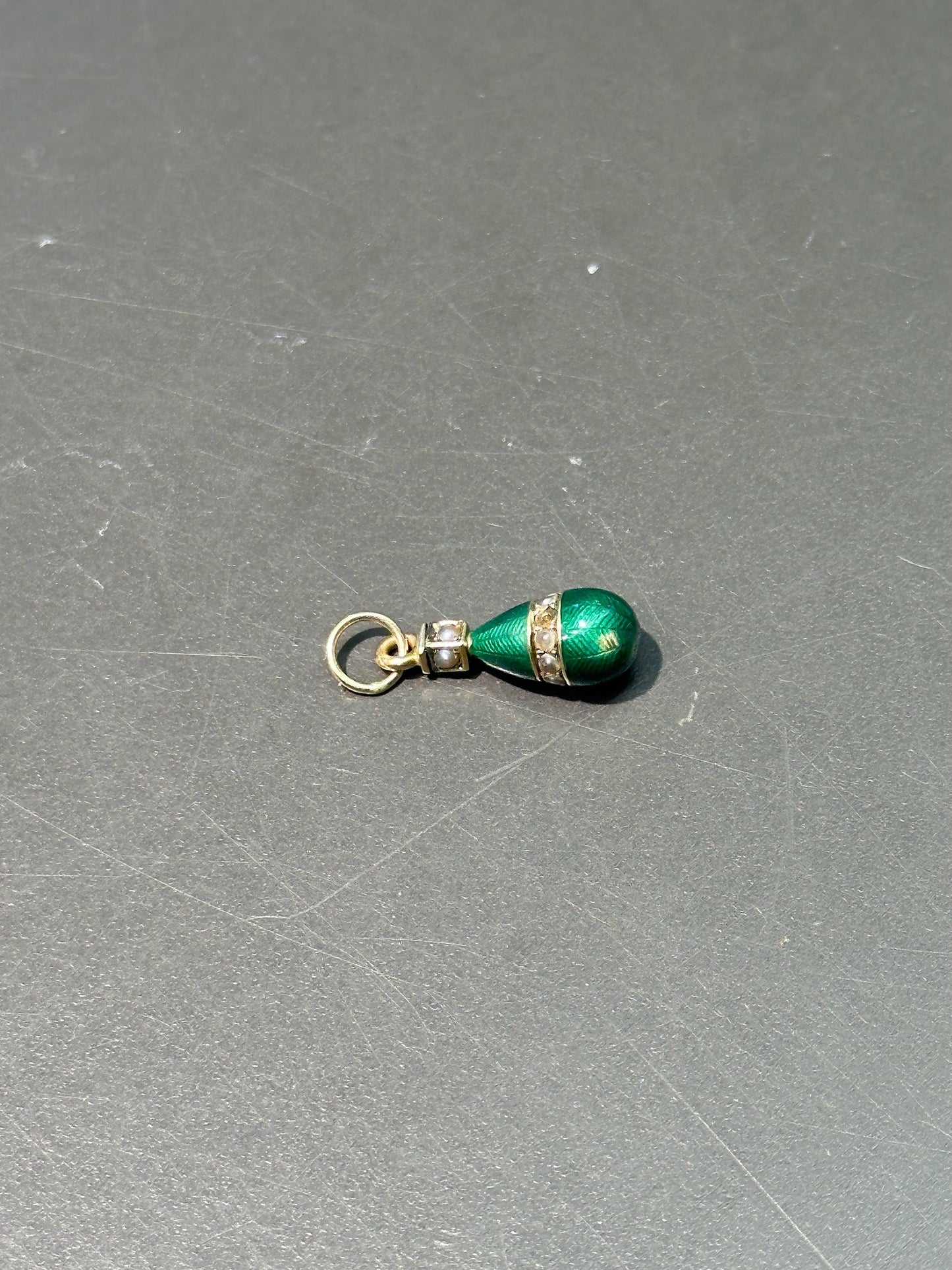 Antique 14K Gold Green Enamel Seed Pearl Drop Charm