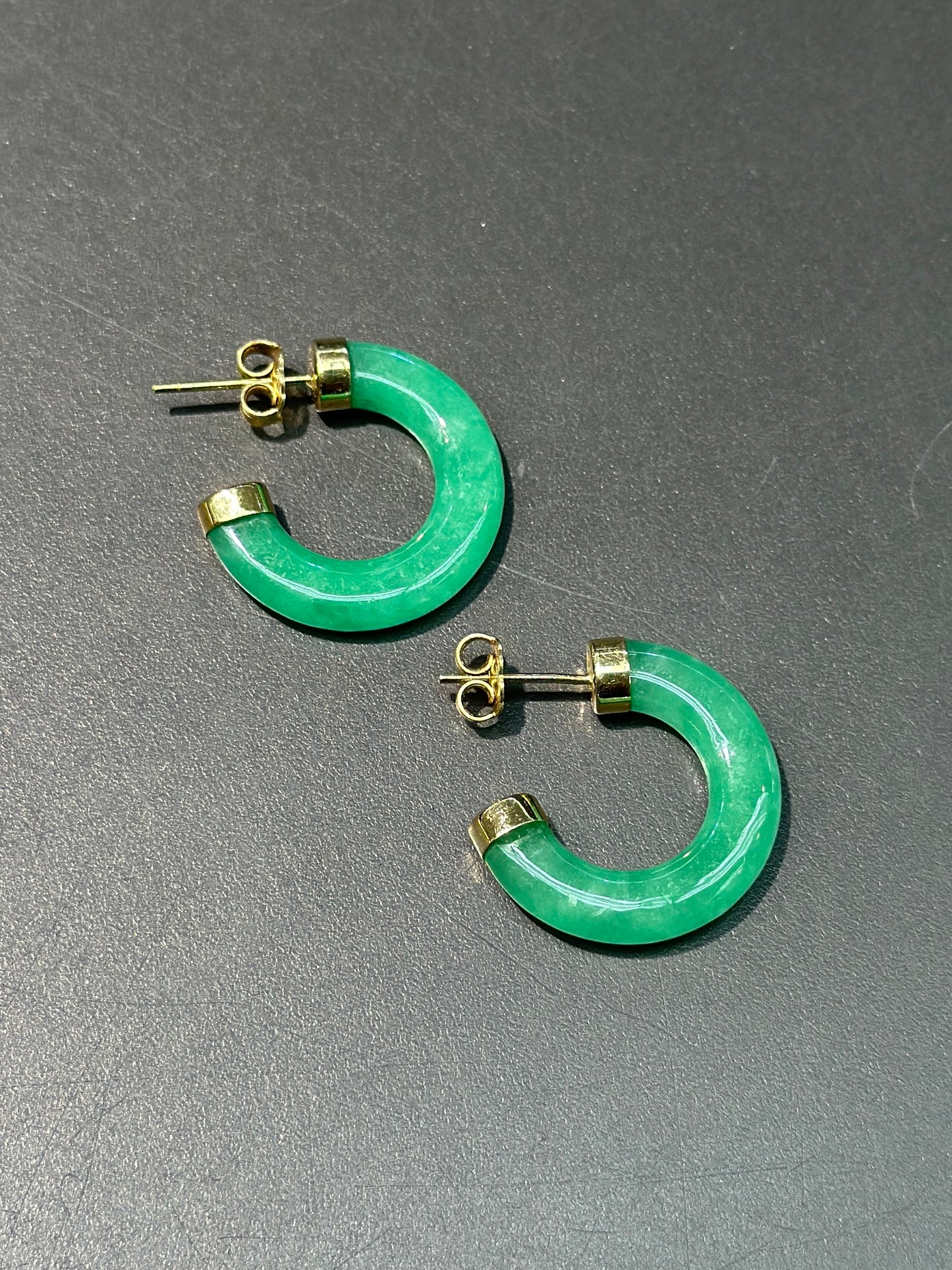 14K Yellow Gold Natural Green Jade Hoop Earrings