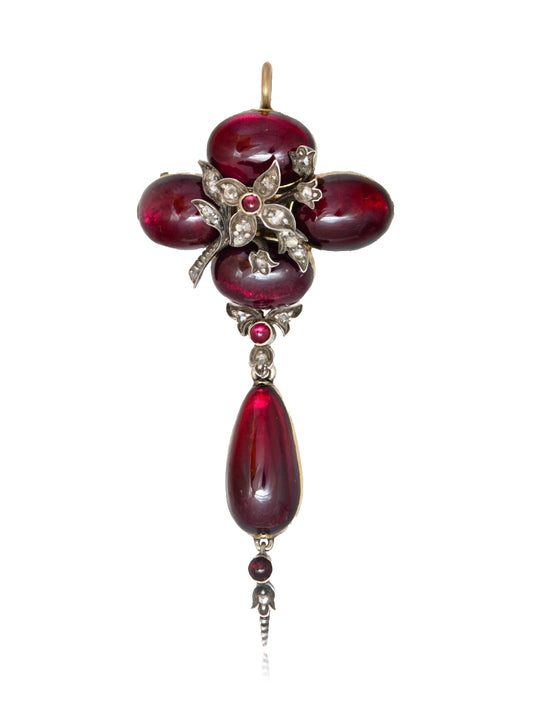 Antique Victorian 14K Gold Silver Diamond Garnet Pendant Brooch