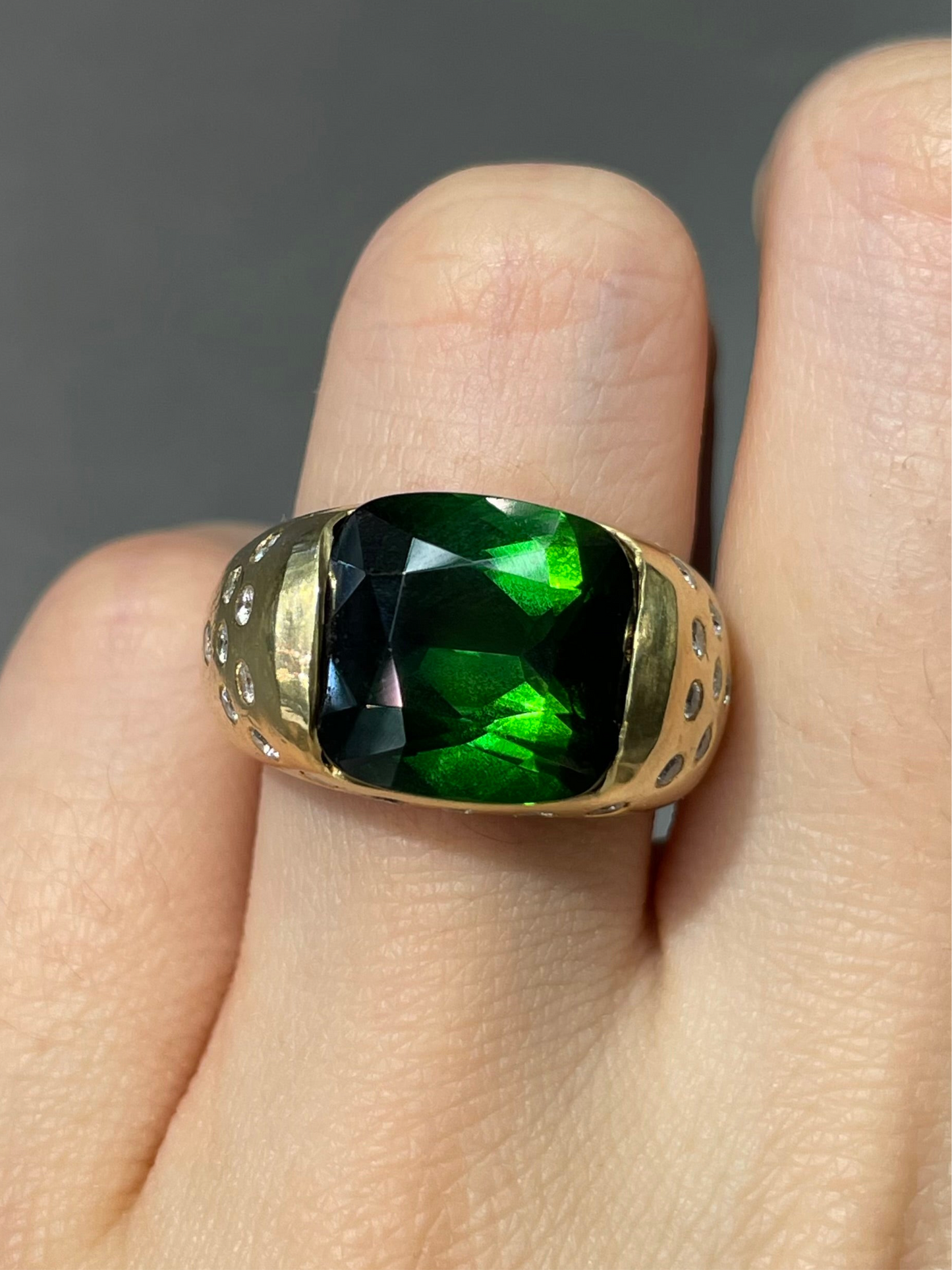 18K Yellow Gold 8.7 CTW Green Tourmaline Diamond Ring