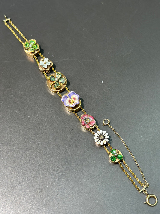 新艺术风格 14K 金珐琅花朵吊饰滑动手链