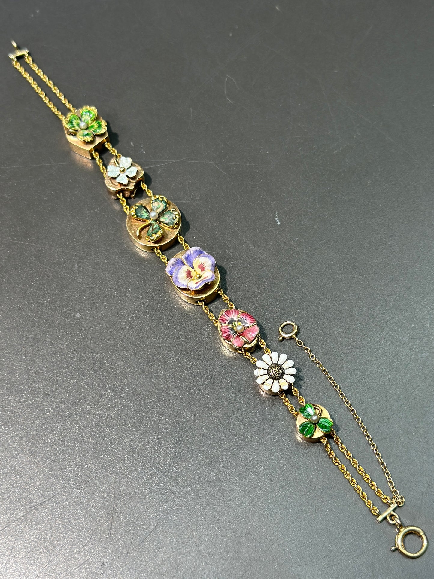 Art Nouveau 14K Gold Enameled Flower Charm Slide Bracelet