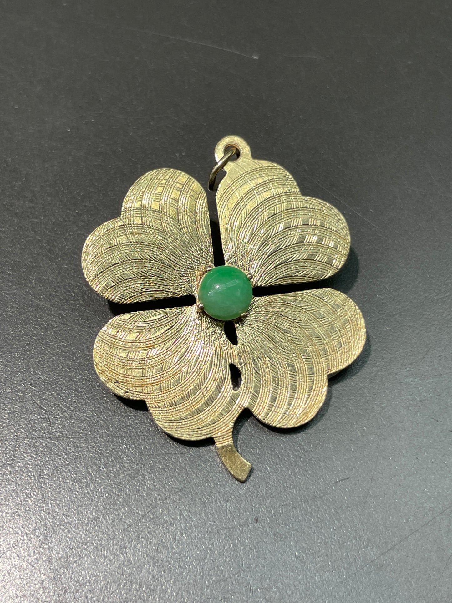Vintage 14K Gold Large Jade Engine Turned Clover Charm