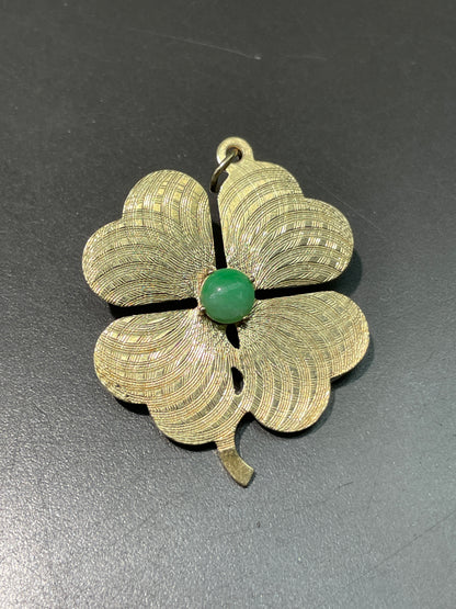 Vintage 14K Gold Large Jade Engine Turned Clover Charm