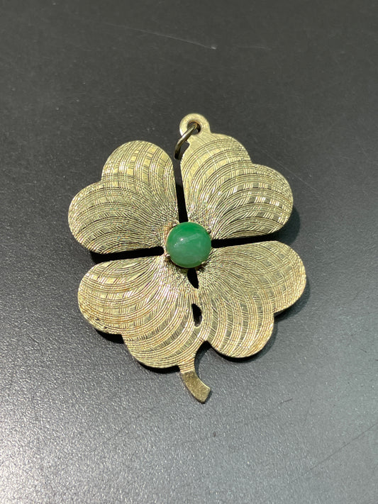 Vintage 14K Gold Large Jade Engine Turned Clover Charm