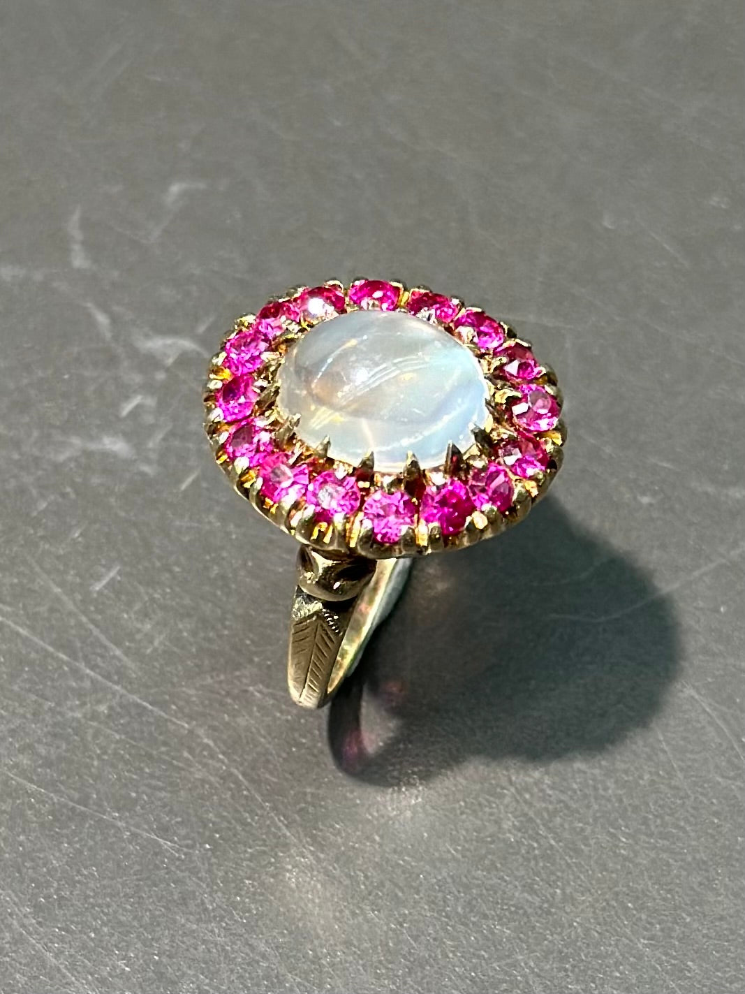 Victorian 10K Gold Moonstone Ruby Halo Ring