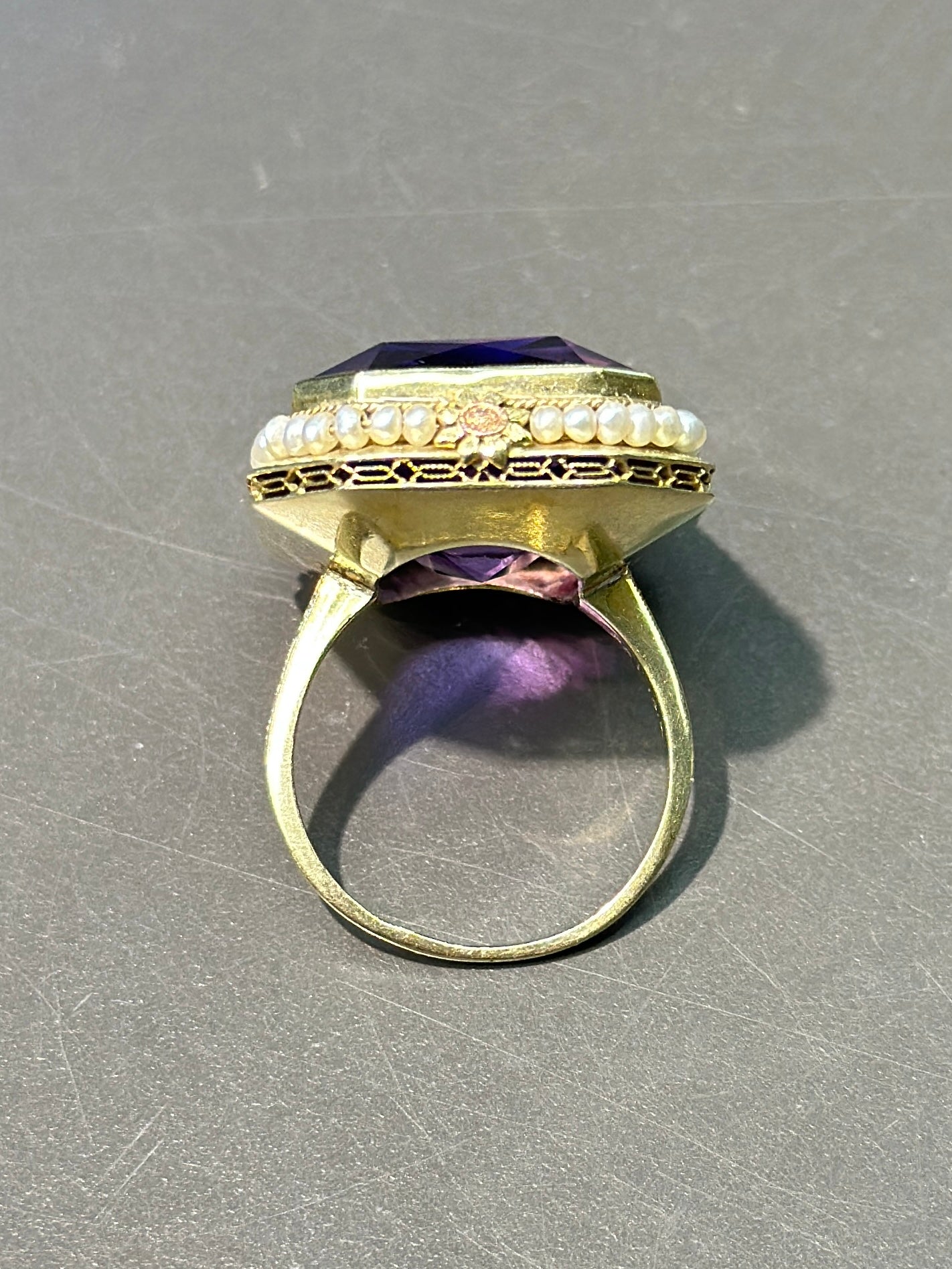 Art Deco 14K Gold Amethyst Seed Pearl Hexagon Shaped Ring