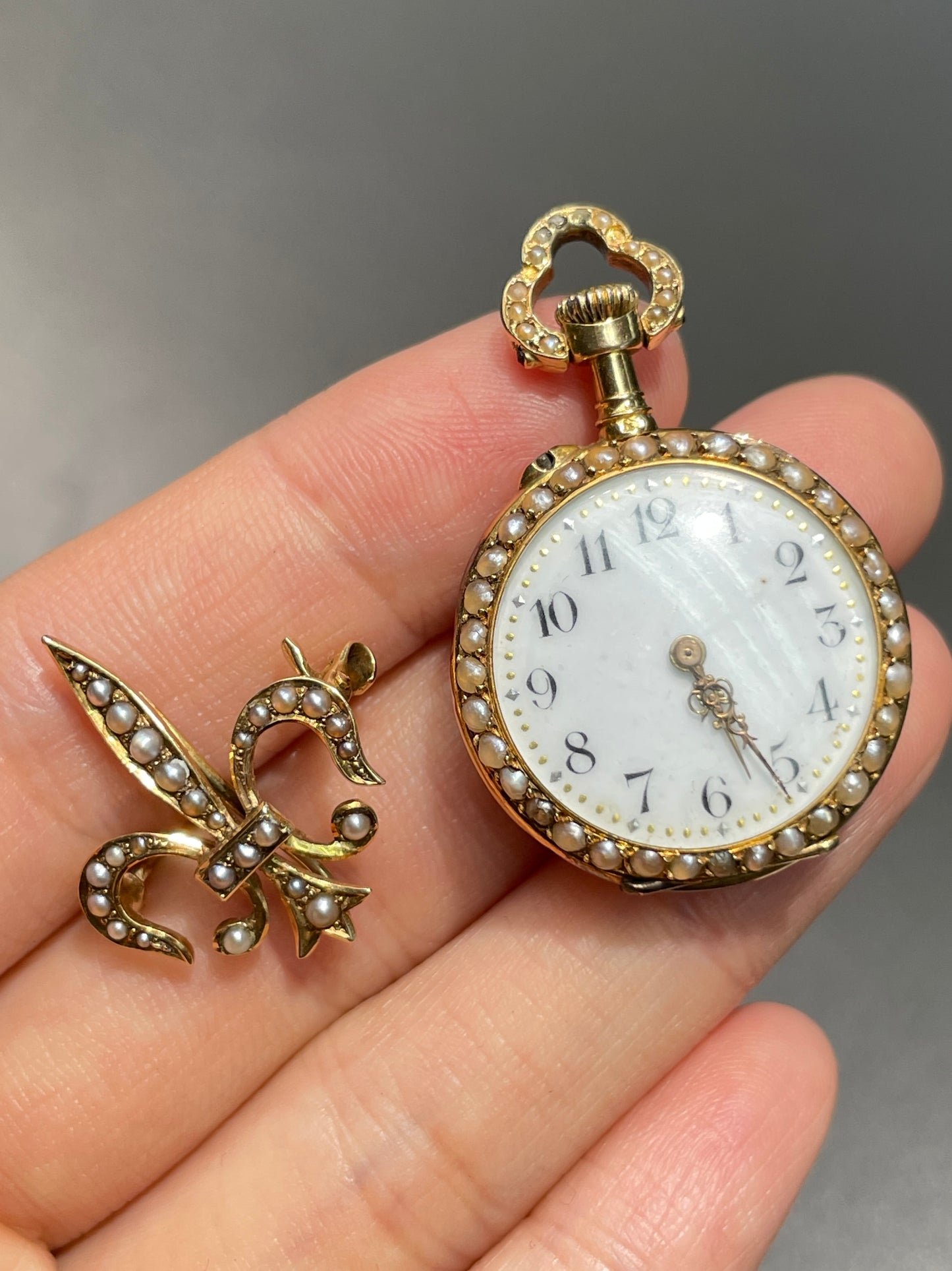Antique 14K Gold Seed Pearl Diamond Fleur-de-Lis Pocket Watch Brooch