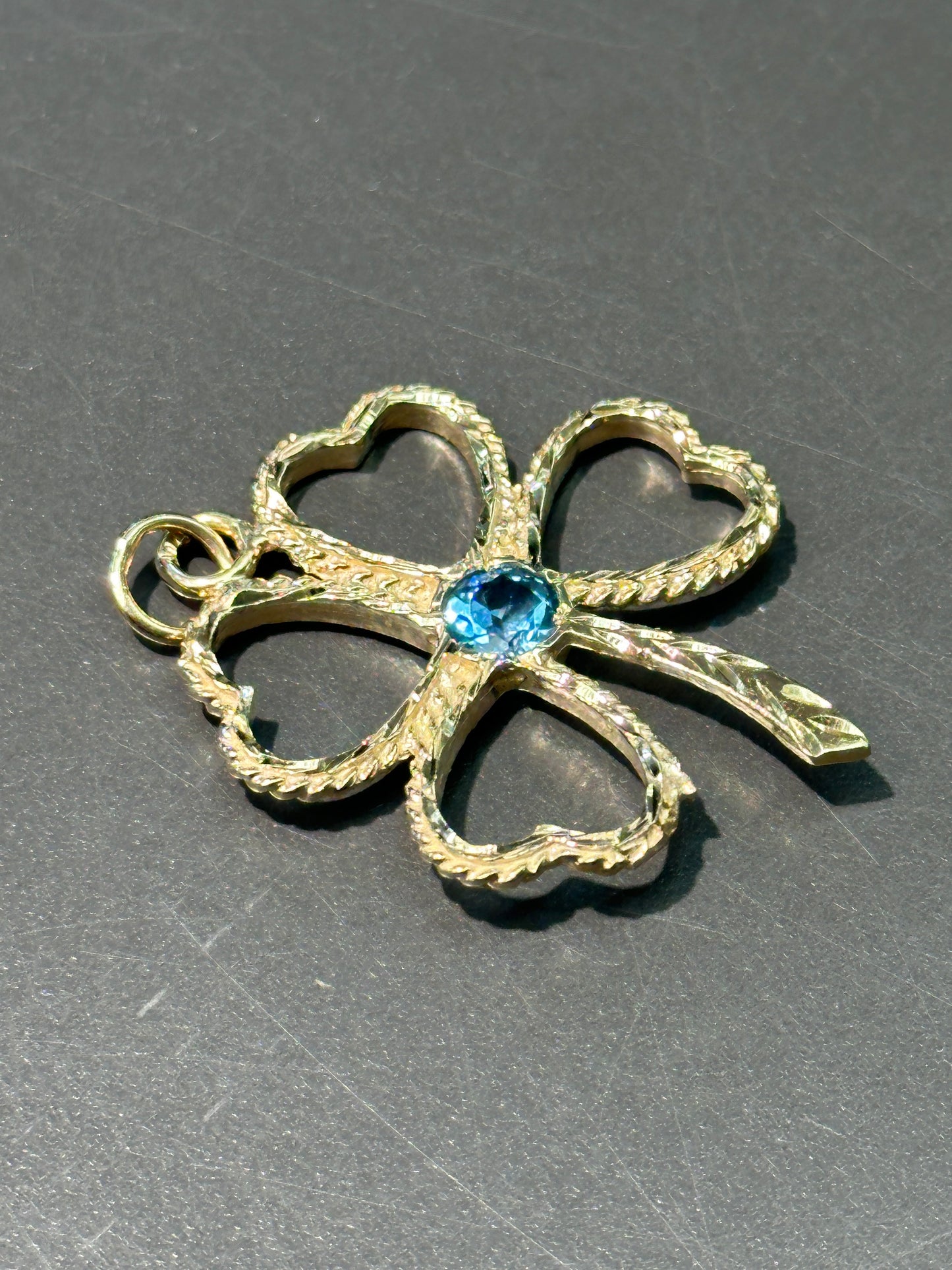 Vintage XL 14K Gold Topaz Flour Leaf Clover Charm