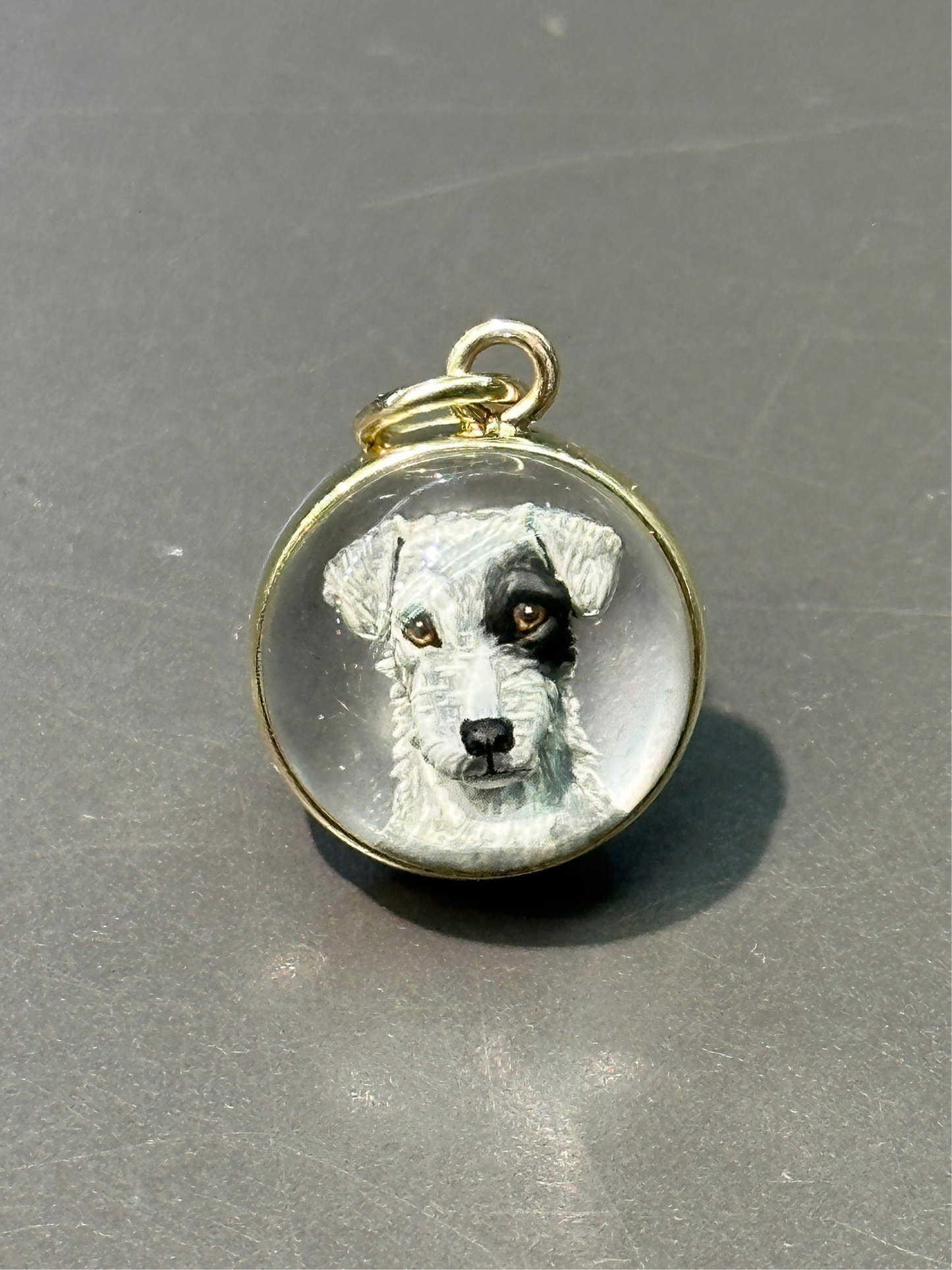 Antique 14K Gold Reverse Painted Essex Crystal Terrier Dog Pendant