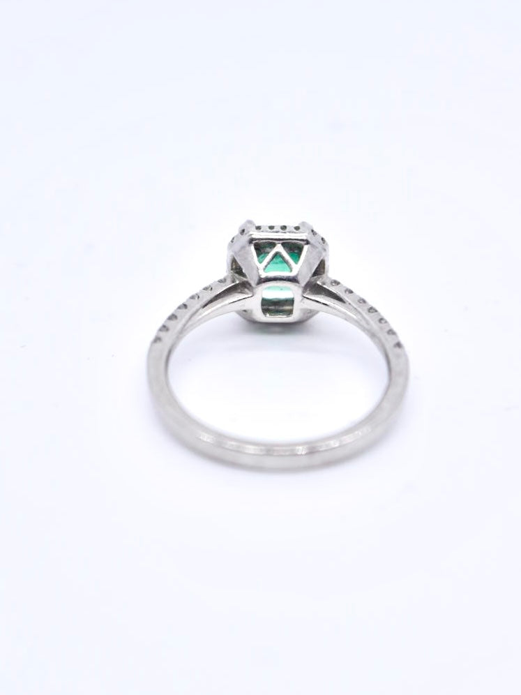 Platinum Emerald Cut Colombian Emerald and Diamond Halo Ring Size 6