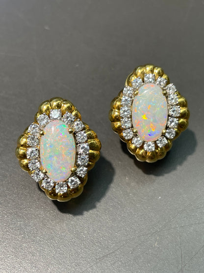Vintage 18K Yellow Gold Opal 1.6 CTW Diamond Halo Earrings