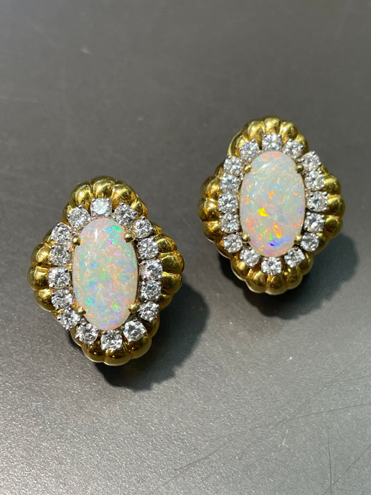 Vintage 18K Yellow Gold Opal 1.6 CTW Diamond Halo Earrings
