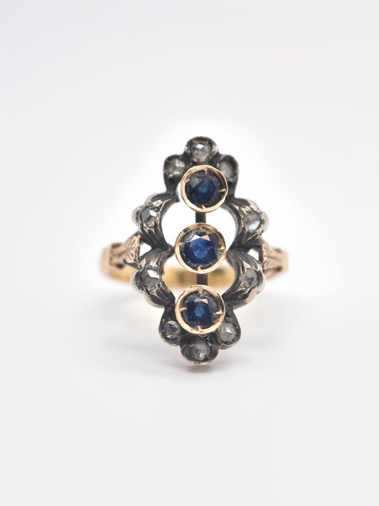 Victorian 18K Gold Silver Sapphire and Diamond Three Stone Ring