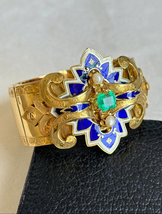 Victorian French 18K Gold Emerald Natural Pearl Enamel Bangle Bracelet