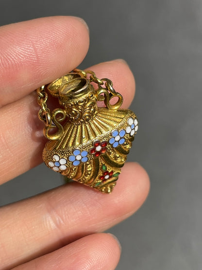 Antique 18K Gold Enamel Forget Me Not Perfume Bottle Pendant
