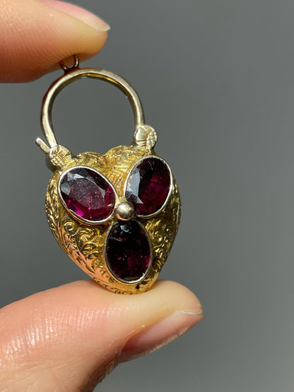 Antique Late Georgian 14K Yellow Gold Garnet Padlock Heart Locket Charm Pendant